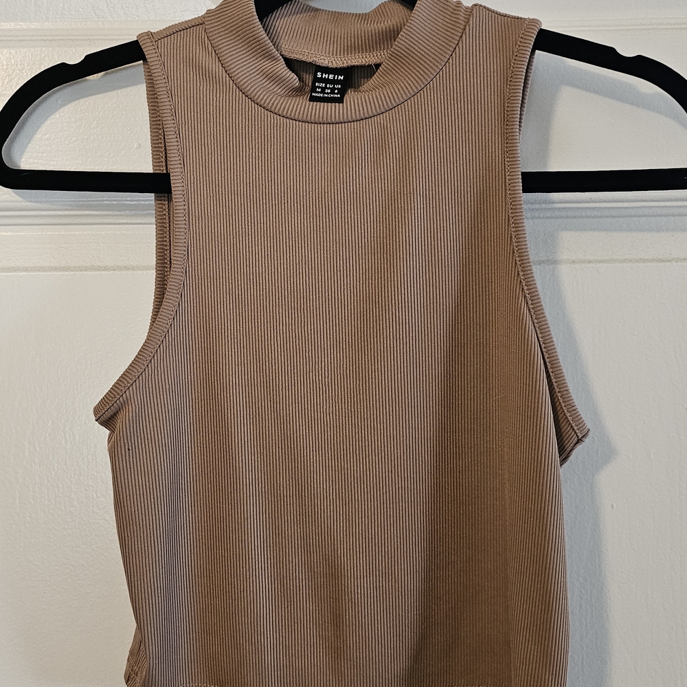 SHEIN Tan Ribbed Mock Neck Sleeveless Top